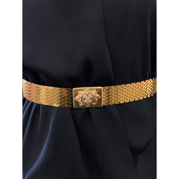 24"-26" Inch Vintage 1980's Rhinestone Gold Fish Scale Belt - Picture 4 of 6